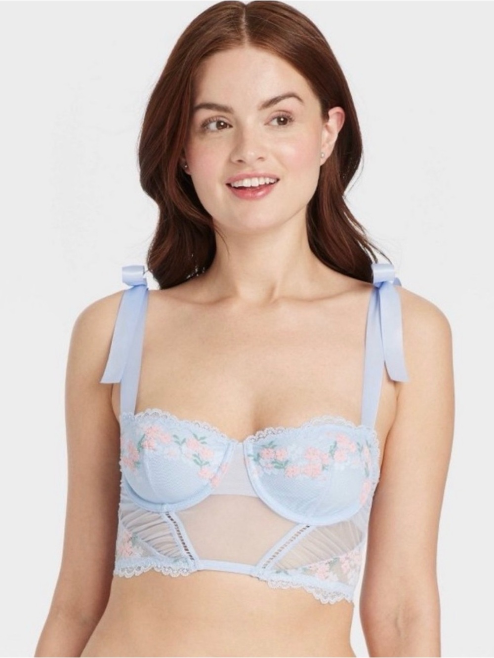 Auden Light Blue Longline Bra with Pink Floral Embroidery
